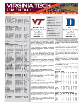 2018 Softball Two Acc Championships - Eight Ncaa Regionals - 32 All-Acc Selections - 2008 Wcws