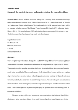 Richard Witts Manpool, the Musical: Harmony and Counterpoint on the Lancashire Plain. Richard Witts Is Reader in Music and Soun