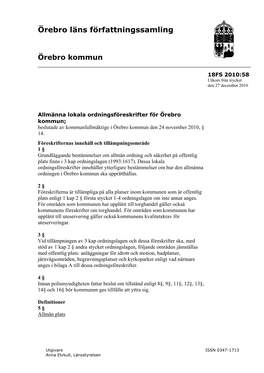 18FS 2010 58 Allmänna Lokala Ordningsföreskrifter För Örebro