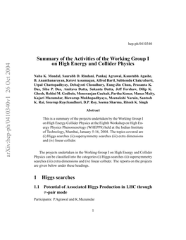 Summary of the Activities of the Working Group I on High Energy