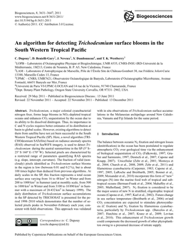 An Algorithm for Detecting Trichodesmium Surface Blooms in the South Western Tropical Paciﬁc