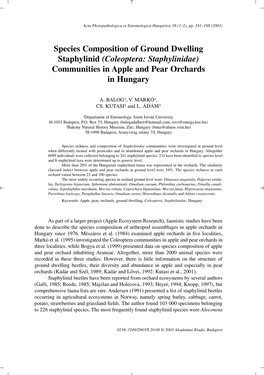 Species Composition of Ground Dwelling Staphylinid (Coleoptera: Staphylinidae) Communities in Apple and Pear Orchards in Hungary