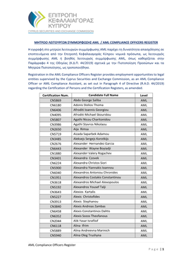 AML Compliance Officers Register Page