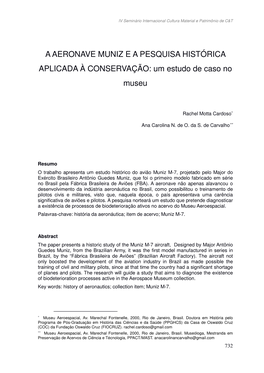 A AERONAVE MUNIZ E a PESQUISA HISTÓRICA APLICADA À CONSERVAÇÃO: Um Estudo De Caso No Museu