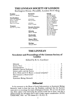 THE LINNEAN SOCIETY of LONDON Burlingtoti House, Piccadilly, London W 1 V OLQ