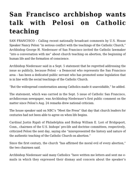 San Francisco Archbishop Wants Talk with Pelosi on Catholic Teaching