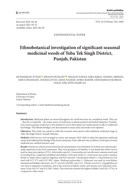 Ethnobotanical Investigation of Significant Seasonal Medicinal Weeds of Toba Tek Singh District, Punjab, Pakistan