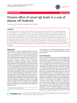 Prozone Effect of Serum Ige Levels in a Case of Plasma Cell Leukemia Giampaolo Talamo*, William Castellani, Nathan G Dolloff