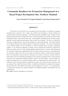 Community Readiness for Ecotourism Management in a Royal Project Development Site, Northern Thailand