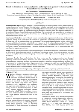 Trends of Alterations in Pulmonary Function and Symptoms in Garment Workers of Garden- Reach-Metiabruz Area of Kolkata