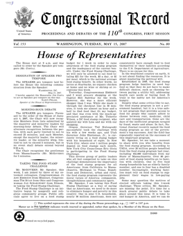 Congressional Record United States Th of America PROCEEDINGS and DEBATES of the 110 CONGRESS, FIRST SESSION