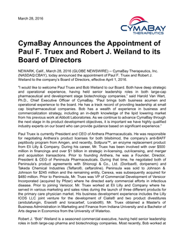 Cymabay Announces the Appointment of Paul F. Truex and Robert J