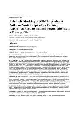 Achalasia Masking As Mild Intermittent Asthma: Acute Respiratory Failure, Aspiration Pneumonia, and Pneumothorax in a Teenage Gir