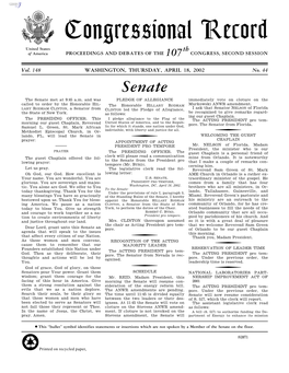 Congressional Record United States Th of America PROCEEDINGS and DEBATES of the 107 CONGRESS, SECOND SESSION