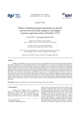 Effects of Habitat Structure and Salinity on Growth and Survival of Juvenile Mangrove Red Snapper Lutjanus Argentimaculatus (Forsskal, 1775)