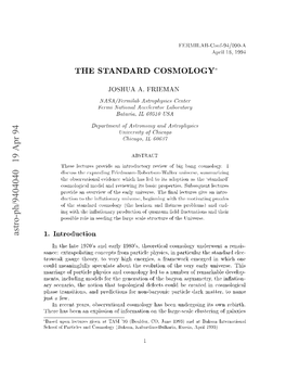 The Standard Cosmology� the Hot Big Bang Mo Del� Fo Cusing on Its Kinematics And