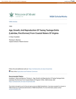 Age, Growth, and Reproduction of Tautog Tautoga-Onitis (Labridae, Perciformes) from Coastal Waters of Virginia