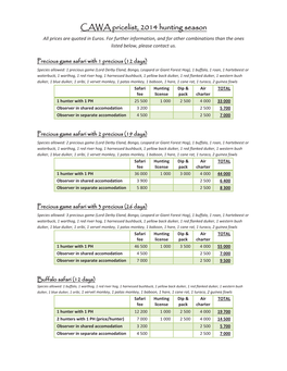 CAWA Pricelist, 2014 Hunting Season