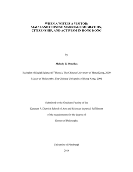 When a Wife Is a Visitor: Mainland Chinese Marriage Migration, Citizenship, and Activism in Hong Kong