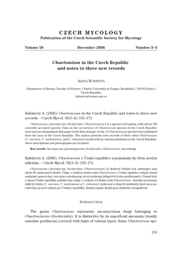 Chaetomium in the Czech Republic and Notes to Three New Records. – Czech Mycol