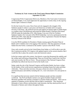 Testimony by Yasir Arman to the Tom Lantos Human Rights Commission September 22, 2011