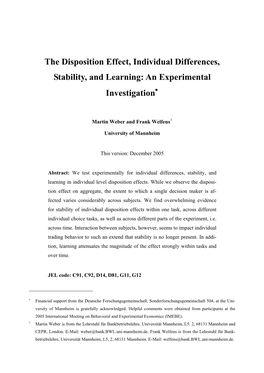 The Disposition Effect, Individual Differences, Stability, and Learning: an Experimental Investigation∗