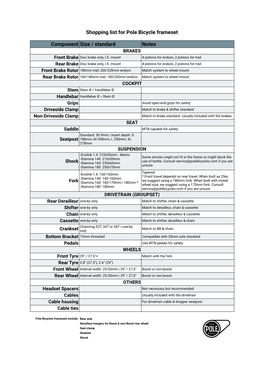 Shopping List for Pole Bicycle Frameset