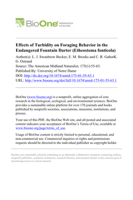 Effects of Turbidity on Foraging Behavior in the Endangered Fountain Darter (Etheostoma Fonticola) Author(S): L