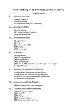 Friedhofssatzung Der Stadt Walsrode, Landkreis Heidekreis