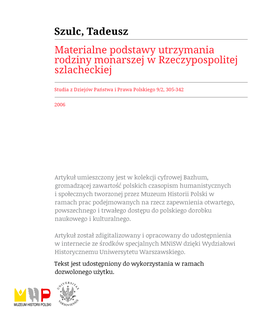 Materialne Podstawy Utrzymania Rodziny Monarszej W Rzeczypospolitej Szlacheckiej