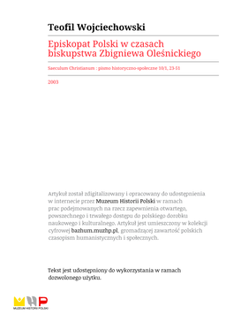 Teofil Wojciechowski Episkopat Polski W Czasach Biskupstwa Zbigniewa Oleśnickiego