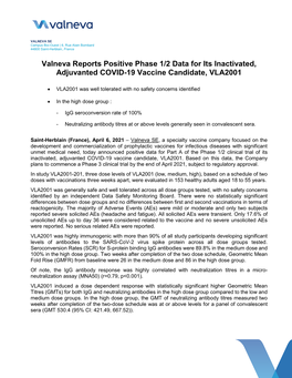 Valneva Reports Positive Phase 1/2 Data for Its Inactivated, Adjuvanted COVID-19 Vaccine Candidate, VLA2001