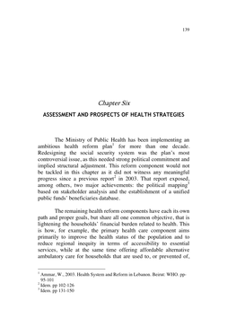 Chapter Six ASSESSMENT and PROSPECTS of HEALTH STRATEGIES