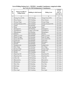 List of Polling Stations for 6 - TENING Assembly Constituency Comprised Within the NAGALAND Parliamentary Constituency