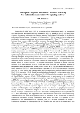 Hemorphin-7 Regulates Interleukin-2 Promoter Activity by Ca2+/Calmodulin/Calcineurin/NFAT Signaling Pathway