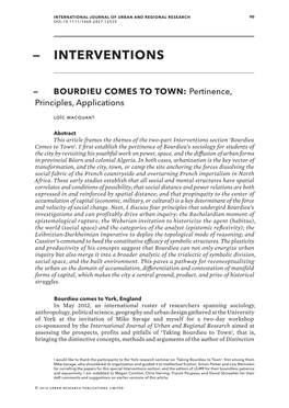 BOURDIEU COMES to TOWN: Pertinence, Principles, Applications
