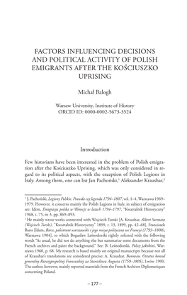 Factors Influencing Decisions and Political Activity of Polish Emigrants After the Kościuszko Uprising