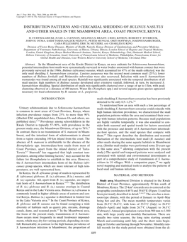 Distribution Patterns and Cercarial Shedding of Bulinus Nasutus and Other Snails in the Msambweni Area, Coast Province, Kenya