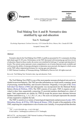 Trail Making Test a and B: Normative Data Stratified by Age and Education