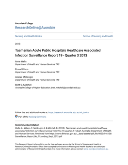 Tasmanian Acute Public Hospitals Healthcare Associated Infection Surveillance Report 19 - Quarter 3 2013