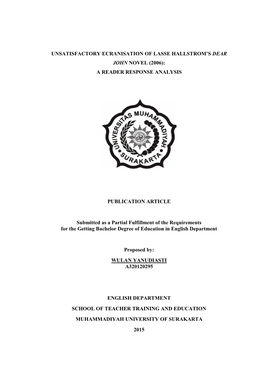 UNSATISFACTORY ECRANISATION of LASSE HALLSTROM's DEAR JOHN NOVEL (2006): a READER RESPONSE ANALYSIS PUBLICATION ARTICLE Submit