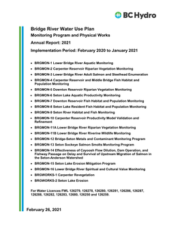 Bridge River Water Use Plan Monitoring Program and Physical Works Annual Report: 2021 Implementation Period: February 2020 to January 2021