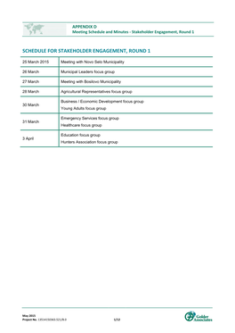 Schedule for Stakeholder Engagement, Round 1