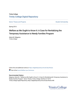 Welfare As We Ought to Know It: a Case for Revitalizing the Temporary Assistance to Needy Families Program