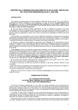 Rapport De La Mission Exploratoire Du 22 Au 30 Avril 1998 En Vue De L’Election Presidentielle Du 7 Juin 1998