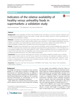 Indicators of the Relative Availability of Healthy Versus Unhealthy Foods in Supermarkets