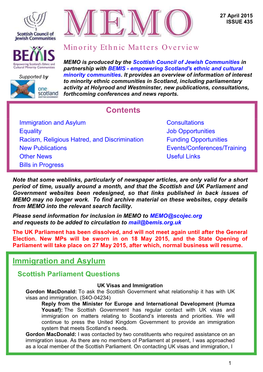 Minority Ethnic Matters Overview Contents Immigration and Asylum