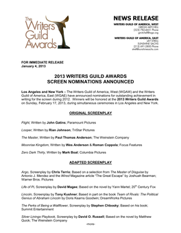 2013 Writers Guild Awards Screen Nominations Announced