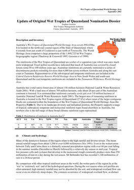Update of Original Wet Tropics of Queensland Nomination Dossier Stephen Goosem Wet Tropics Management Authority Cairns, Queensland