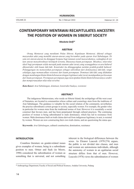 Contemporary Mentawai Recapitulates Ancestry: the Position of Women in Siberut Society